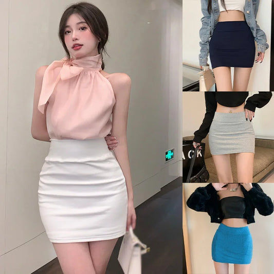 Women's Sexy Hip Wrap Short Skirt High Waist Elastic Slim Fit Solid Color Half length Skirt