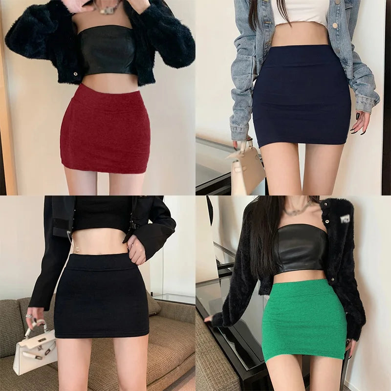 Women's Sexy Hip Wrap Short Skirt High Waist Elastic Slim Fit Solid Color Half length Skirt