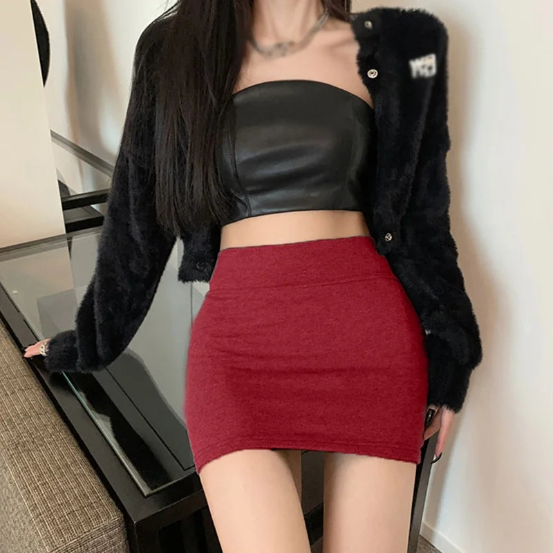 Women's Sexy Hip Wrap Short Skirt High Waist Elastic Slim Fit Solid Color Half length Skirt