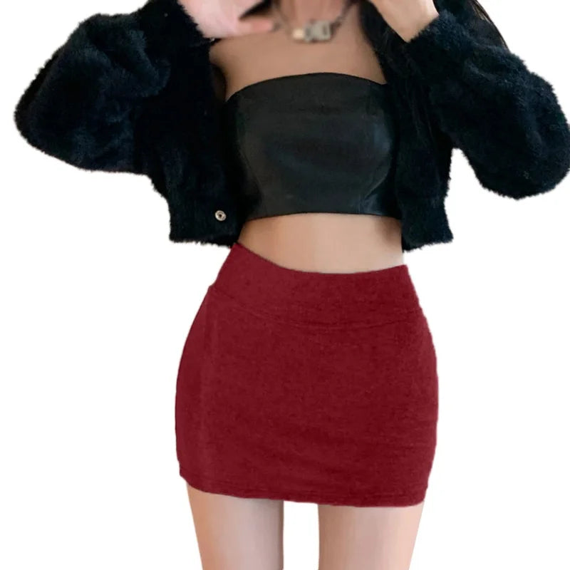 Women's Sexy Hip Wrap Short Skirt High Waist Elastic Slim Fit Solid Color Half length Skirt