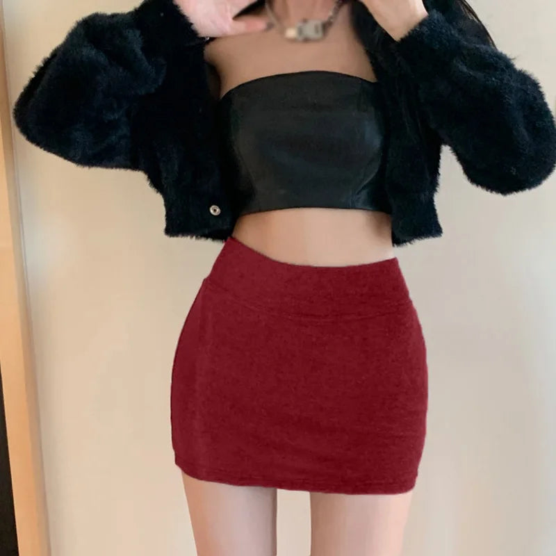 Women's Sexy Hip Wrap Short Skirt High Waist Elastic Slim Fit Solid Color Half length Skirt